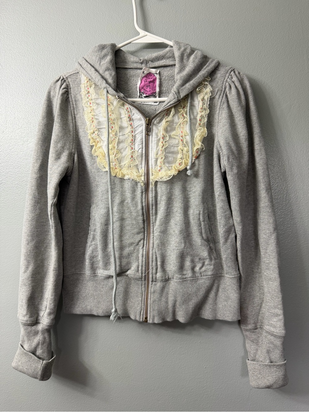 Vintage Free People gray zip-up hoodie a lace and floral ruffle bib medium